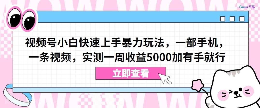 【第10722期】视频号小白快速上手暴力玩法,一部手机,一条视频,实测一周收益5000加有手就行【揭秘】