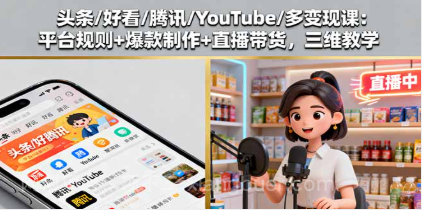 【第17840期】头条/好看/腾讯/YouTube/多变现课：平台规则+爆款制作+直播带货，三维教学