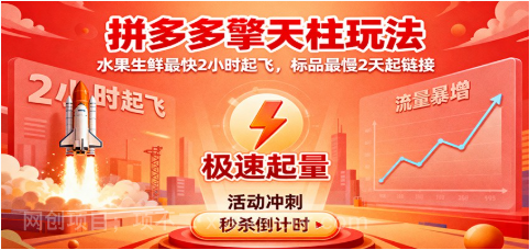 【第18961期】拼多多擎天柱玩法，水果生鲜最快2小时起飞，标品最慢2天起链接