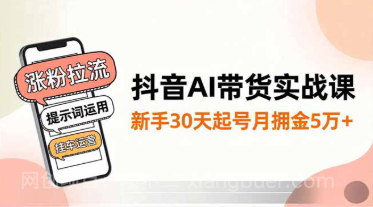 【第19364期】抖音AI带货实战课，涨粉拉流、提示词运用、挂车运营，新手30天起号月佣金5万+